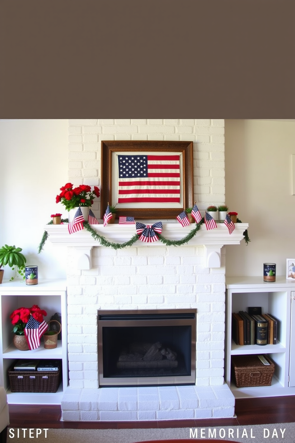 A cozy living room with a white brick fireplace as the focal point. On the mantel, there are small potted plants with red blooms, adding a vibrant touch of color. To celebrate Memorial Day, the mantel is decorated with patriotic elements. A garland of miniature American flags drapes across the mantel, and a framed vintage flag is prominently displayed in the center.