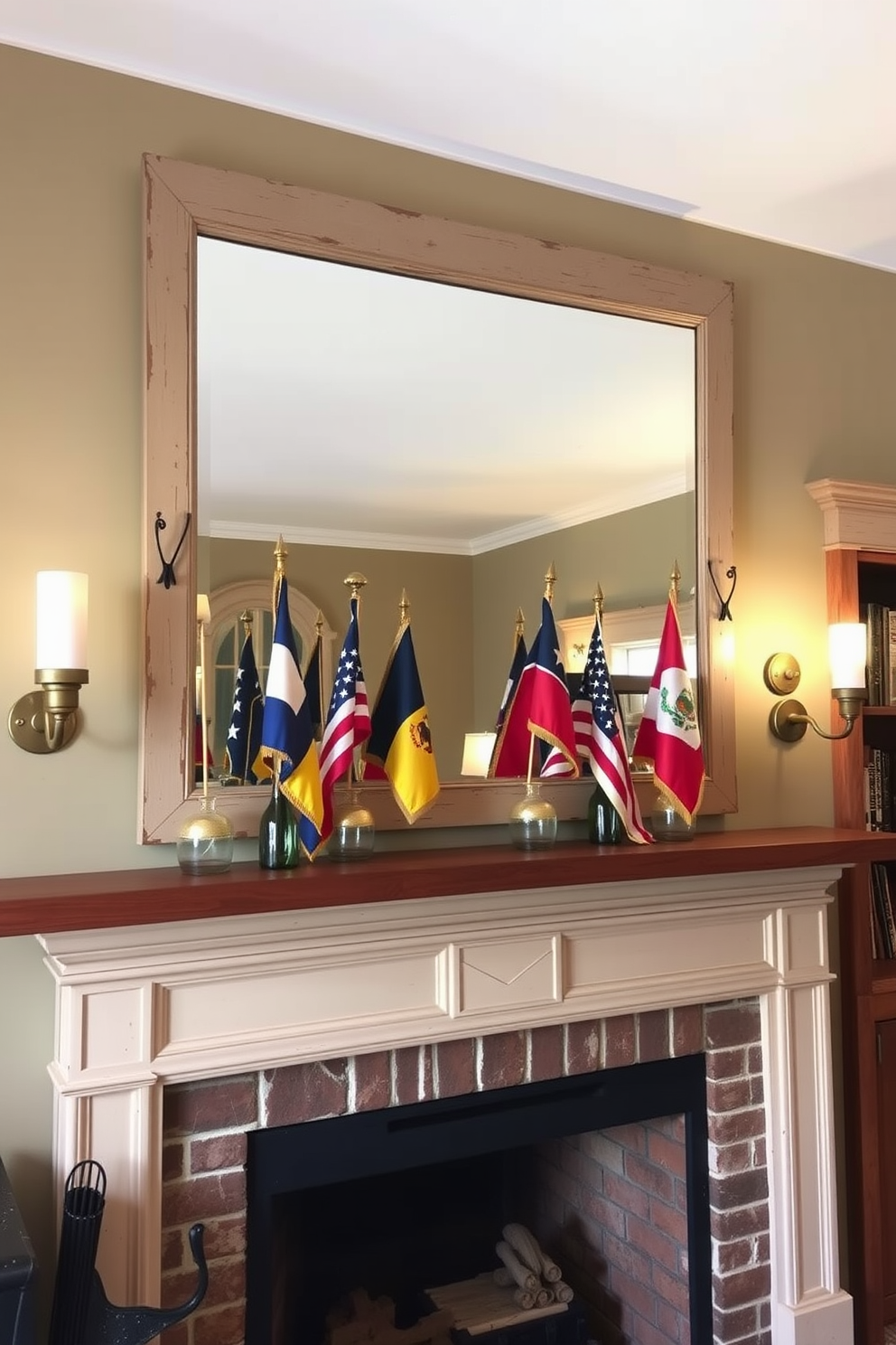 A cozy living room with a rustic fireplace as the focal point. The mantel is decorated with vintage flags in decorative vases, each flag representing a different historical era. Above the mantel, a large, distressed wooden mirror reflects the room's warm lighting. On either side of the mirror, antique brass sconces provide a soft, ambient glow, enhancing the nostalgic atmosphere.