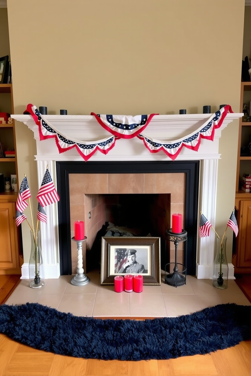 A cozy living room with a fireplace adorned for Memorial Day. Patriotic bunting draped across the mantel, complemented by small American flags in decorative vases on either end. A framed vintage military photograph sits in the center, surrounded by red, white, and blue candles. The walls are painted a neutral beige, and the floor is covered with a plush navy blue rug.