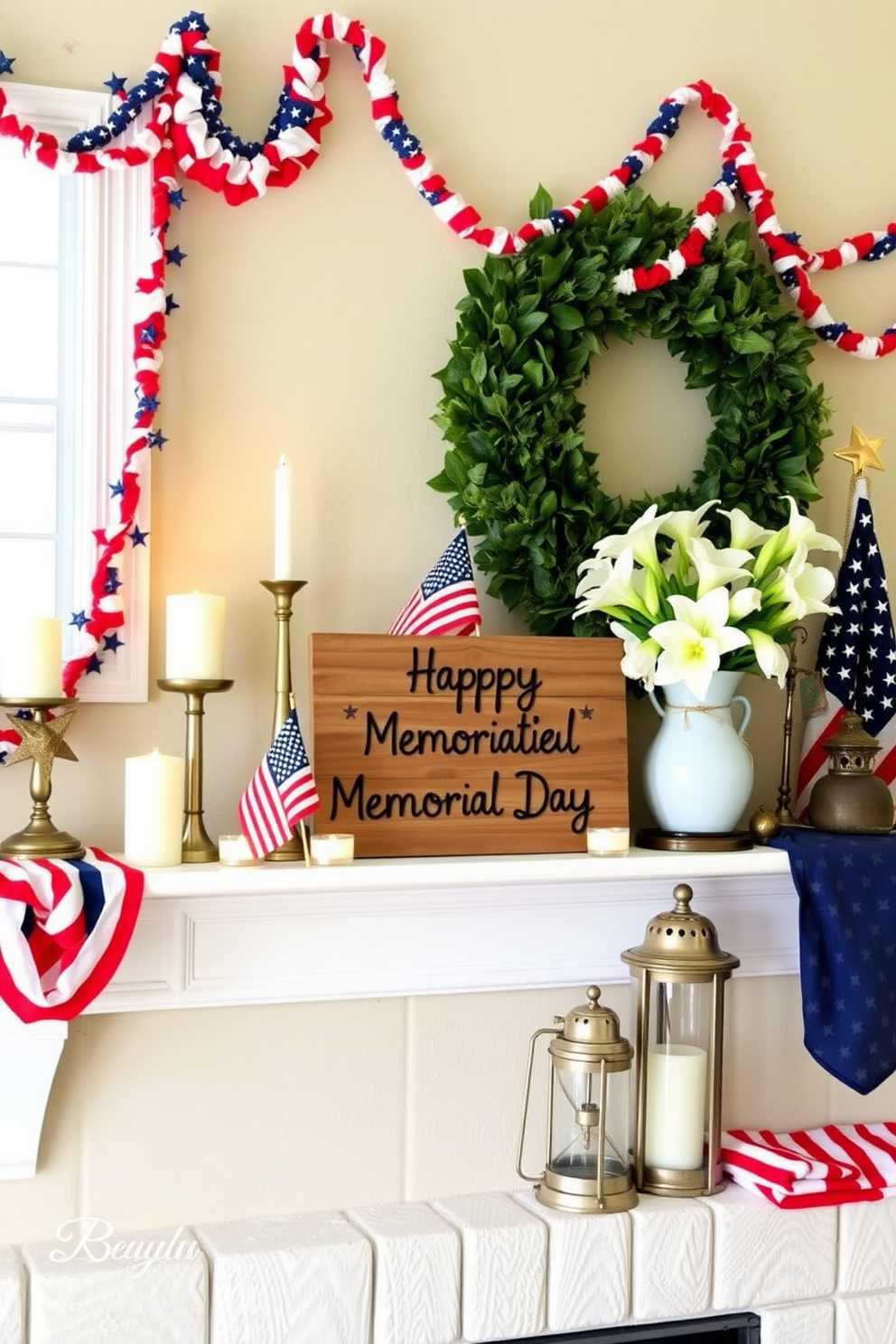 A cozy living room mantel decorated for Memorial Day. Star-shaped candles in varying heights are placed along the mantel, creating a festive and patriotic ambiance. Red, white, and blue garlands drape elegantly across the mantel, while miniature American flags are strategically positioned among the candles. A rustic wooden sign with 