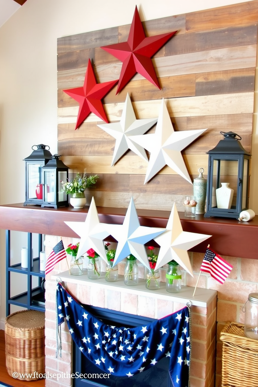 A cozy living room with rustic wooden stars as focal points. The stars are mounted on a reclaimed wood accent wall, surrounded by vintage lanterns and woven baskets, creating a warm, inviting atmosphere. A charming mantel decorated for Memorial Day with a blend of patriotic and rustic elements. Wooden stars painted in red, white, and blue are prominently displayed, complemented by mason jars filled with fresh flowers and small American flags.