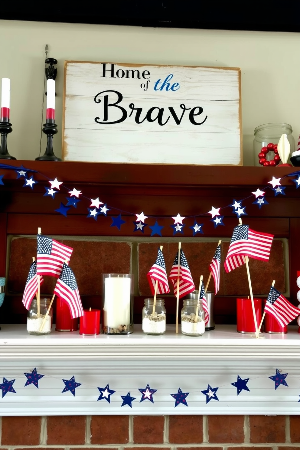 A cozy living room mantel decorated for Memorial Day. Miniature American flags are placed in mason jars filled with sand, creating a charming and patriotic display. The mantel is adorned with red, white, and blue candles, and a rustic wooden sign that reads 