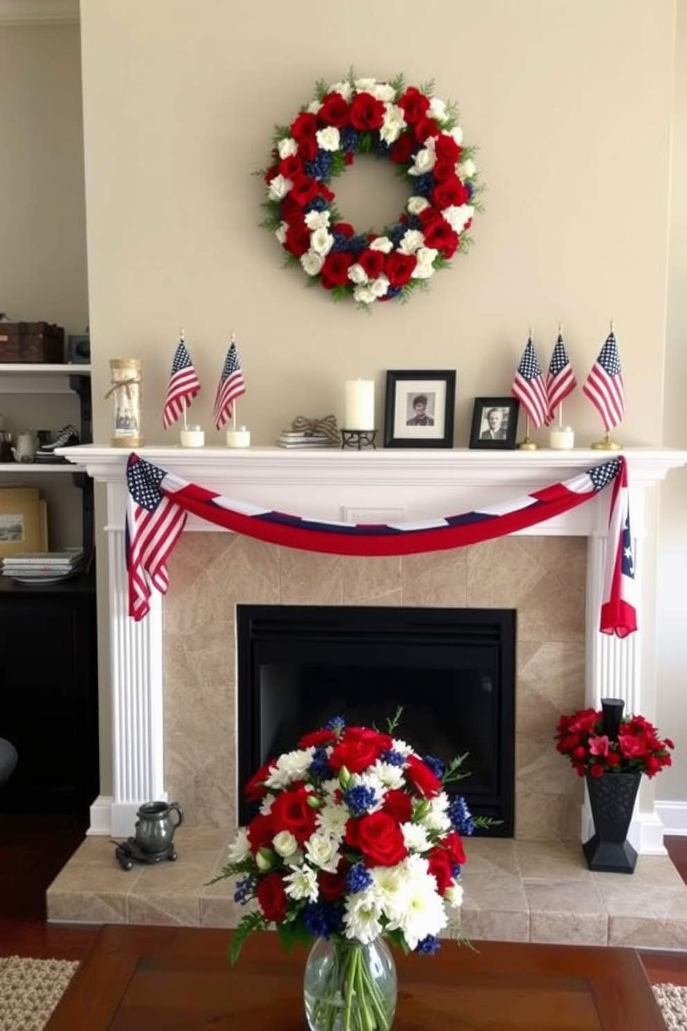 A cozy living room with a fireplace adorned for Memorial Day. Above the mantel, a large wreath made of red, white, and blue flowers serves as the focal point, symbolizing patriotic spirit. The mantel itself is decorated with small American flags, candles, and framed photos of loved ones who served in the military. Below, a vase with a mix of red, white, and blue flowers adds a touch of elegance and remembrance to the setting.