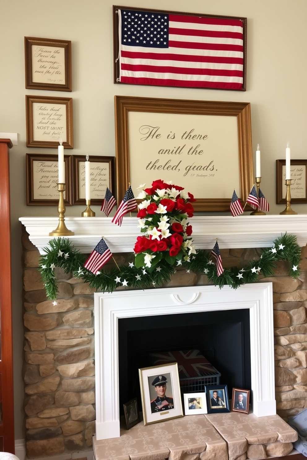 A cozy living room with a stone fireplace as the focal point. Above the mantel, framed patriotic quotes are displayed, each in a rustic wooden frame. The quotes are elegantly scripted in red, white, and blue, adding a touch of national pride. The mantel itself is adorned with miniature American flags and red, white, and blue candles, creating a warm and inviting atmosphere. For Memorial Day mantel decorating ideas, envision a classic white mantel adorned with a mix of red poppies and white lilies in a vintage vase. A large, framed American flag hangs prominently above the mantel, flanked by tall, brass candlesticks holding white candles. Below, a garland of blue and white stars drapes gracefully across the mantel's edge. Small, framed photographs of military heroes and medals are interspersed with the floral arrangements, paying tribute to those who have served.