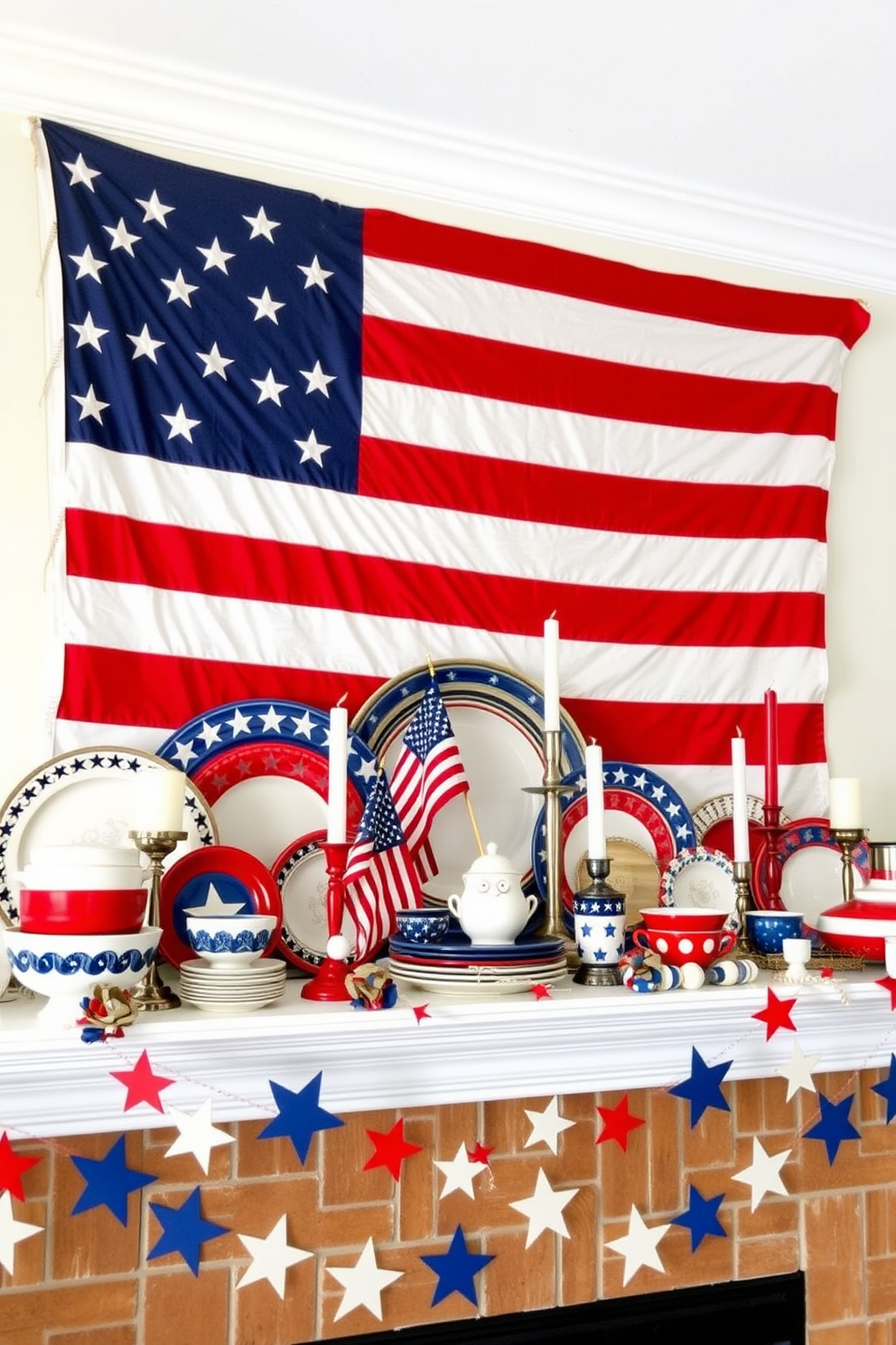 A festive Memorial Day mantel decorated with ceramic red, white, and blue dishes. The mantel is adorned with a mix of patriotic-themed plates and bowls, arranged in a visually appealing display. A large, vibrant American flag serves as the backdrop, while smaller flags are placed among the dishes. Red, white, and blue candles in elegant holders add a warm glow, and a garland of stars drapes across the mantel, tying the look together.