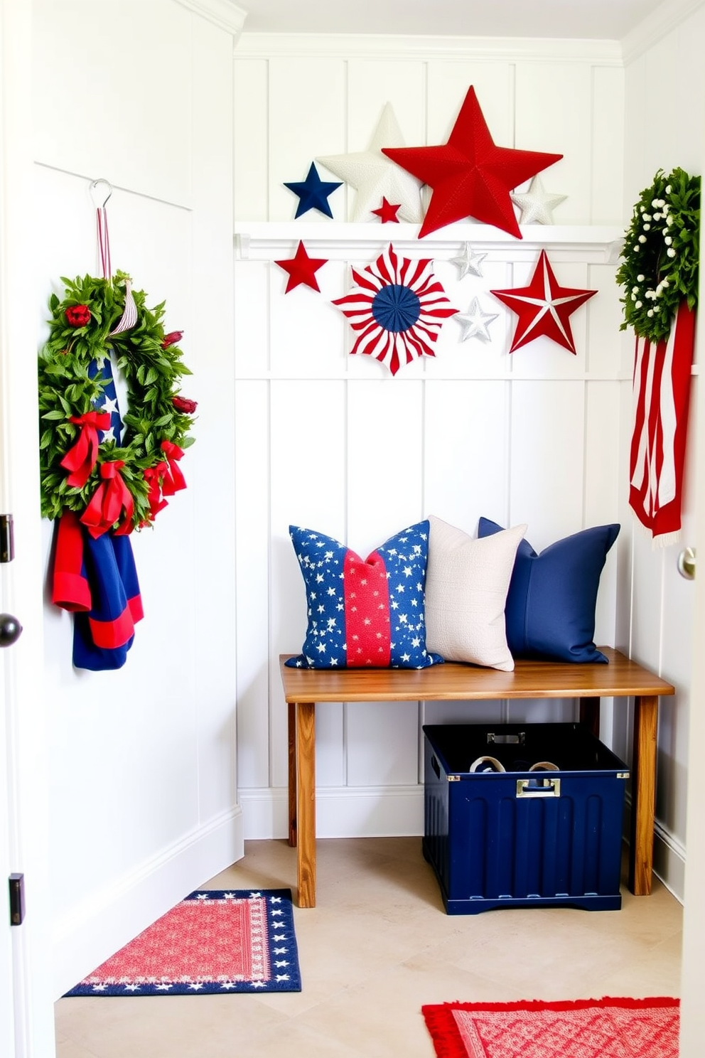 A welcoming mudroom adorned with patriotic red white and blue accents. The walls are painted in a crisp white, while vibrant red and blue accessories, such as a handcrafted wreath and decorative pillows, add festive flair. A rustic wooden bench sits against the wall, complemented by a navy blue storage bin for shoes. A collection of stars and stripes decor hangs above the bench, creating a cheerful and inviting atmosphere for Memorial Day.