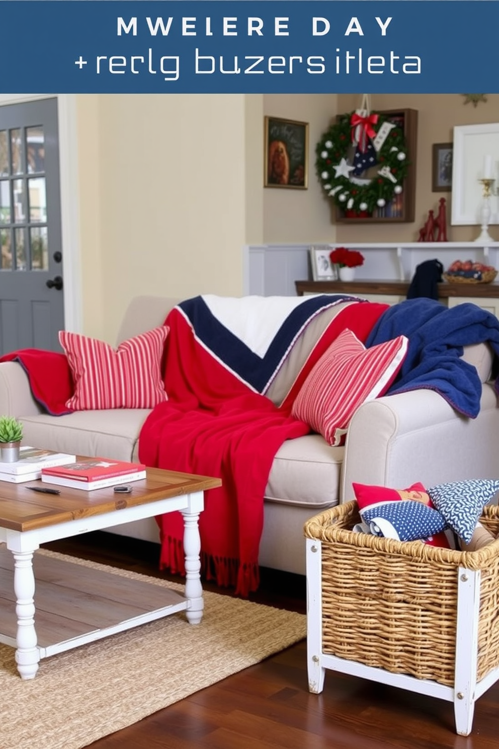 Cozy blankets in red and blue tones are draped over a plush sofa in a warm living room. The walls are painted in a soft cream color, and a rustic wooden coffee table sits in front of the sofa, adorned with a few decorative books and a small potted plant. Memorial Day mudroom decorating ideas feature a welcoming entryway with a vintage bench painted in white. The walls are decorated with patriotic-themed artwork, and a woven basket filled with red, white, and blue accessories sits beside the bench for easy access.