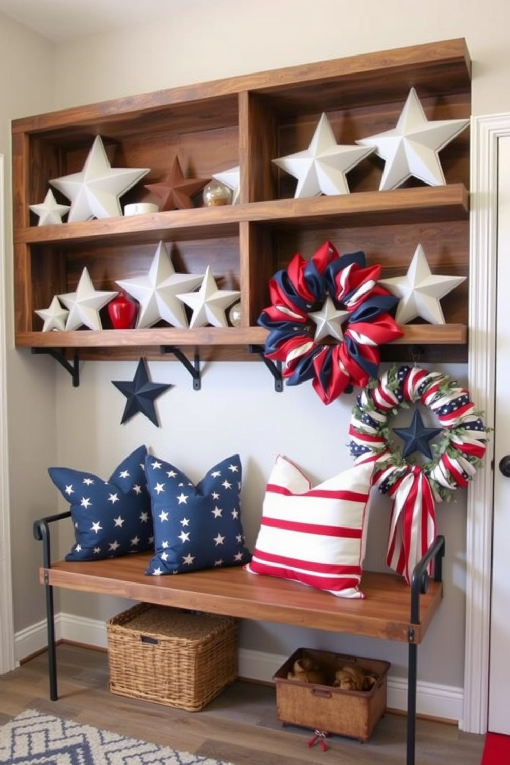 A collection of star-shaped decorative items is arranged on open shelves, showcasing various sizes and finishes. The shelves are made of reclaimed wood, adding a rustic touch to the contemporary space. For Memorial Day, the mudroom is adorned with red, white, and blue accents. A stylish bench is lined with patriotic cushions, while a wreath made of stars and stripes hangs on the door.