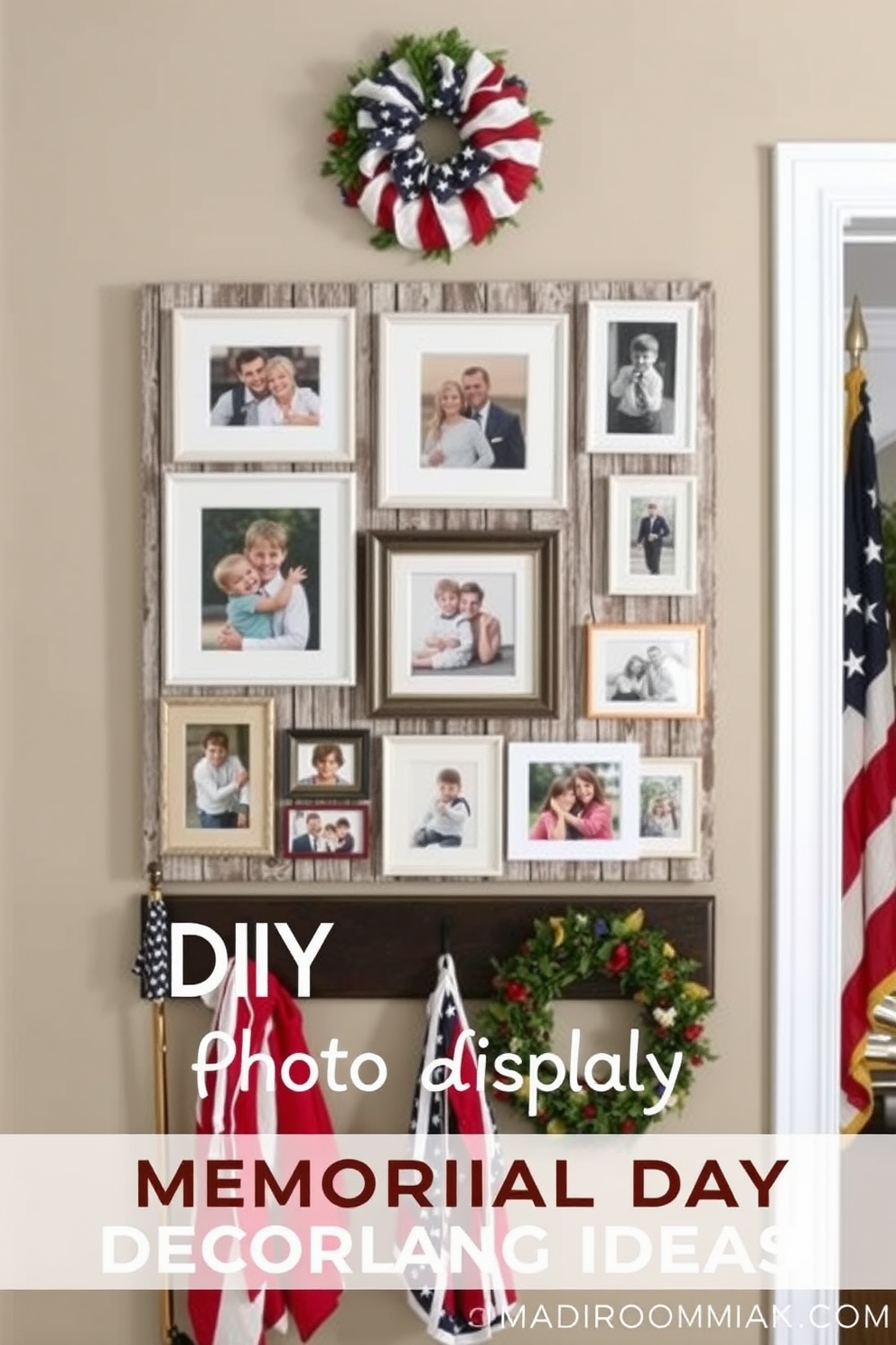 A DIY photo display featuring cherished family memories. The display includes a mix of framed photographs in various sizes arranged in a collage on a rustic wooden board. Memorial Day mudroom decorating ideas that celebrate the holiday's spirit. Incorporate patriotic colors with red, white, and blue accents, and add decorative elements like flags and seasonal wreaths.