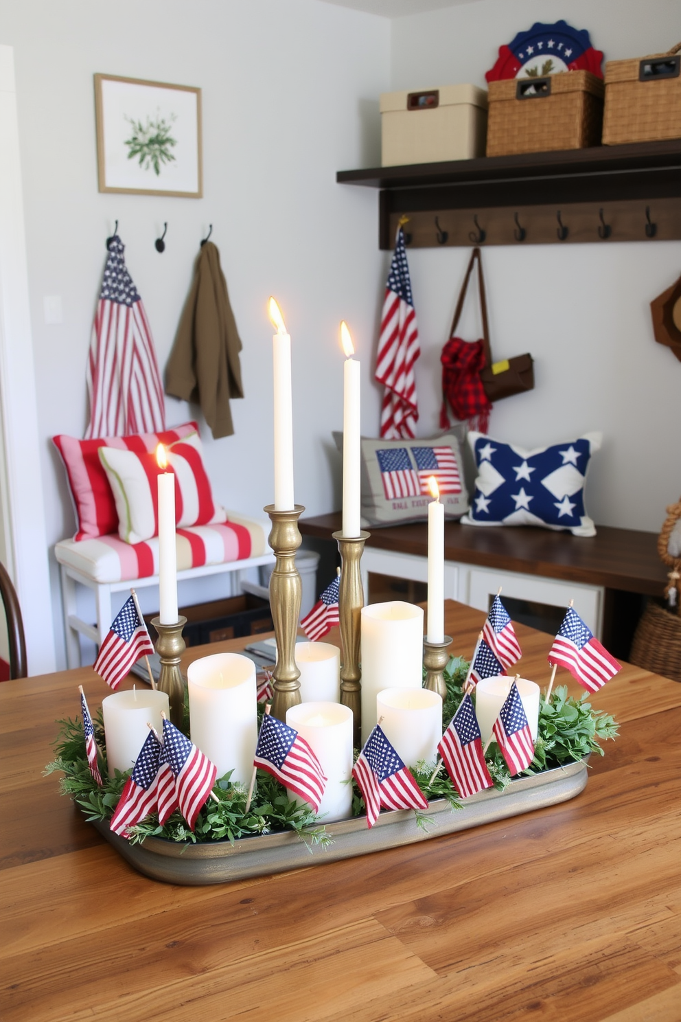 A stunning table centerpiece featuring an assortment of candles in varying heights surrounded by small flags. The arrangement is set on a rustic wooden table, creating a warm and inviting atmosphere. A stylish mudroom decorated for Memorial Day with red, white, and blue accents. The space includes a bench with patriotic cushions, hooks adorned with flags, and decorative baskets for storage.