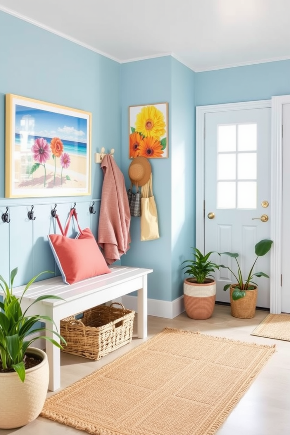 A bright and airy mudroom adorned with seasonal artwork that captures the essence of summer. The walls are painted in a soft blue, and the artwork showcases vibrant beach scenes and colorful flowers, creating a cheerful atmosphere. Incorporate functional elements such as a wooden bench with storage underneath and hooks for hanging summer hats and bags. A woven rug in sandy tones adds warmth, and potted plants bring a touch of nature indoors.