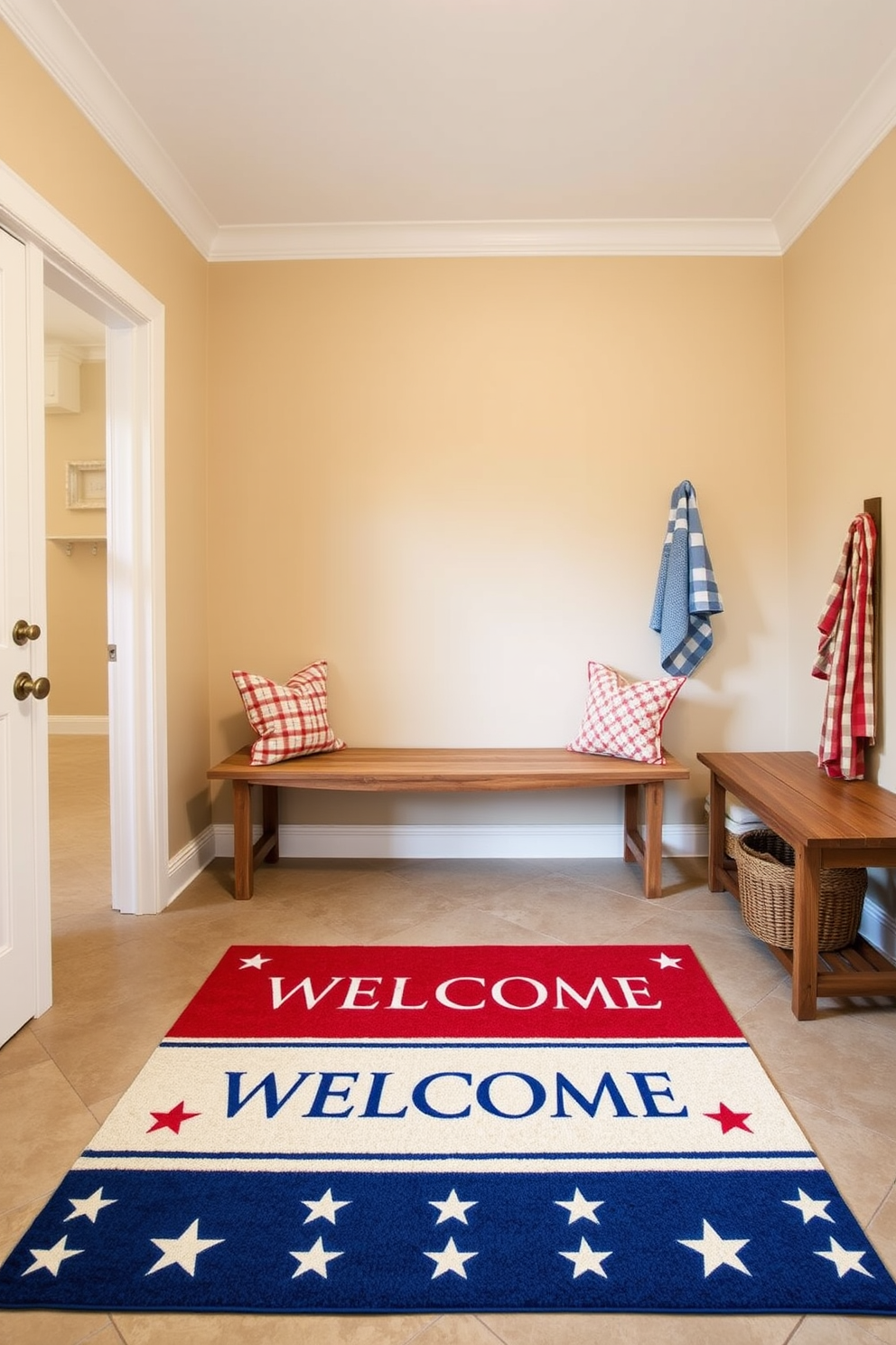 A welcoming mudroom featuring a large welcome mat in red, white, and blue colors. The mat is adorned with stars and stripes, setting a patriotic tone for the space. The walls are painted a soft beige to complement the vibrant colors of the mat. A rustic wooden bench is positioned against the wall, providing a place to sit while putting on shoes.