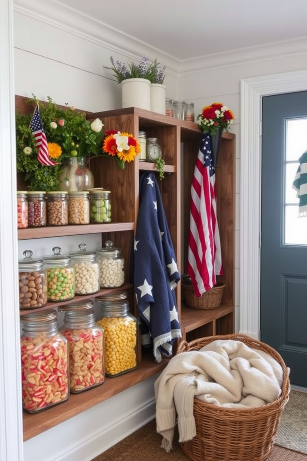 A cozy mudroom setting designed for Memorial Day. The space features a row of glass jars filled with seasonal treats, showcasing vibrant colors and textures. Rustic wooden shelves line the walls, adorned with patriotic decorations and seasonal flowers. A woven basket sits on the floor, filled with blankets for chilly evenings, creating a welcoming atmosphere.