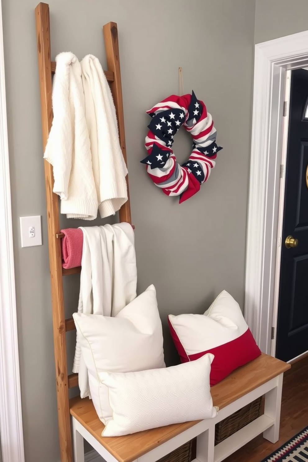 A decorative ladder stands against the wall, elegantly displaying fluffy towels in various shades of white and cream. The ladder is made of reclaimed wood, adding a rustic charm to the space. For Memorial Day, the mudroom is adorned with patriotic accents such as red, white, and blue throw pillows on a bench. A festive wreath made of stars and stripes hangs on the door, welcoming guests with a cheerful touch.