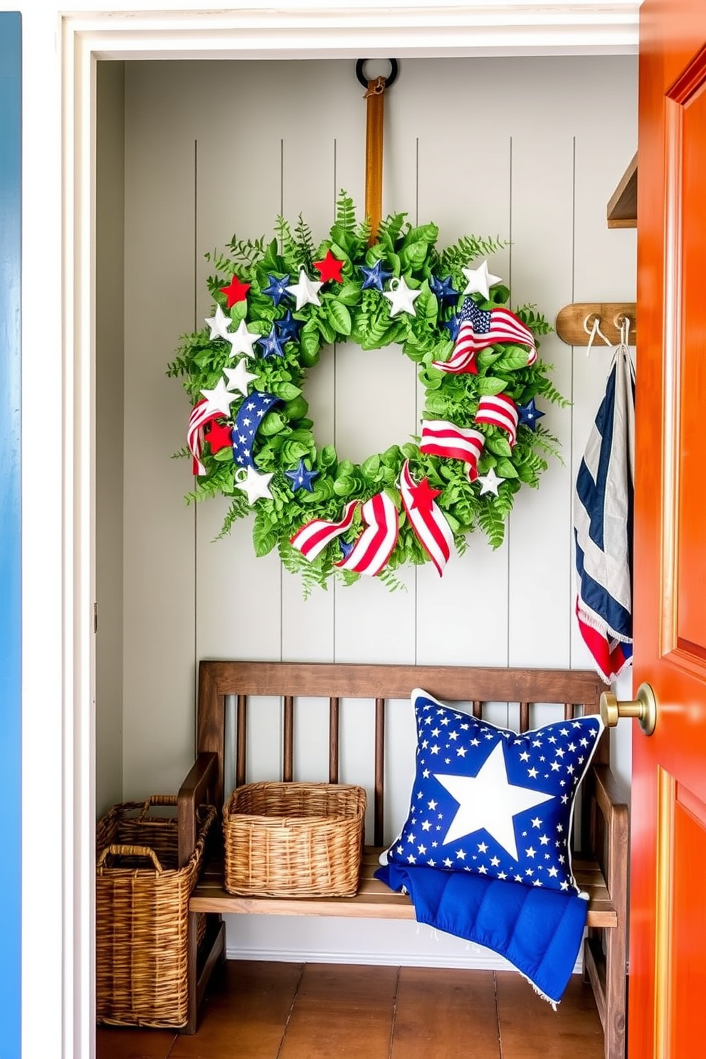 A vibrant seasonal wreath adorned with stars and stripes hangs on the front door, welcoming guests with a festive touch. The wreath is crafted from lush greenery, intertwined with red, white, and blue accents, creating a patriotic focal point. Inside the mudroom, a cheerful arrangement of decor captures the spirit of Memorial Day. A rustic bench is flanked by woven baskets for storage, while a patriotic throw pillow adds a cozy element to the space.