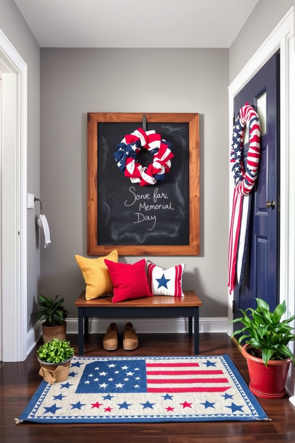 A chalkboard is mounted on the wall in a cozy entryway, surrounded by a rustic wooden frame. Below the chalkboard, a small bench with colorful cushions provides a comfortable spot for putting on shoes. For Memorial Day, the mudroom is adorned with red, white, and blue accents, including a patriotic wreath on the door. A vintage-inspired rug with stars and stripes adds a festive touch to the space, while potted plants bring a fresh feel.