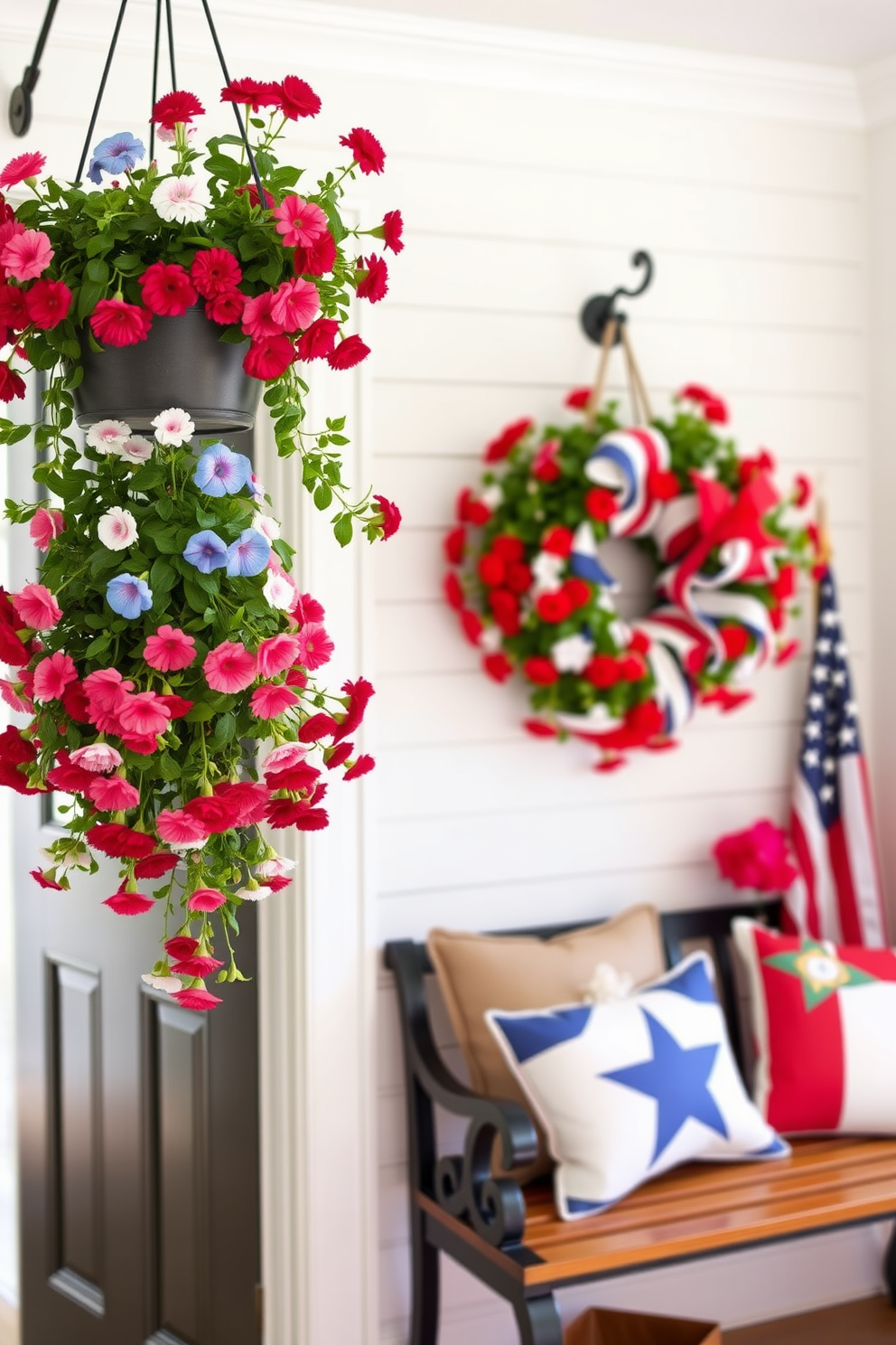 Hanging planters filled with vibrant flowers create a lively and colorful atmosphere in any space. These planters are suspended from the ceiling, showcasing a variety of blooms that cascade beautifully downwards. For Memorial Day, the mudroom is adorned with red, white, and blue accents to celebrate the holiday. A patriotic wreath hangs on the door, while decorative pillows in festive colors are placed on a bench, inviting guests to feel at home.