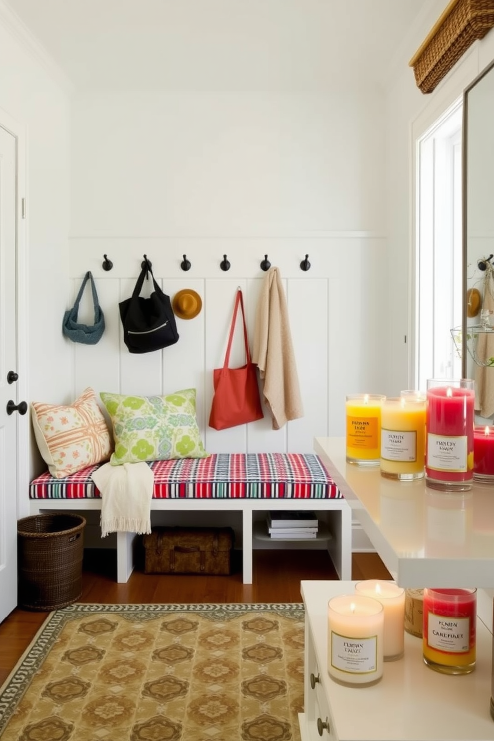 A cozy mudroom adorned with fresh summer scents from scented candles. The space features a built-in bench with colorful cushions and a row of hooks for hanging hats and bags. The walls are painted in a light, airy color, complemented by a patterned rug that adds warmth. A collection of scented candles in bright, fruity fragrances is arranged on a shelf, creating a welcoming atmosphere.