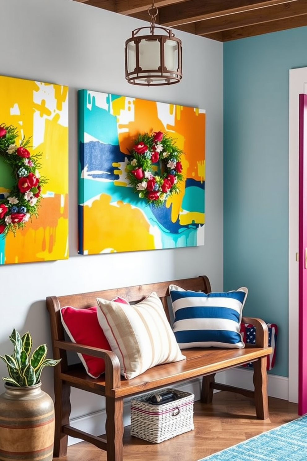 Colorful wall art with summer vibes. Brightly colored abstract paintings adorn the walls, featuring vibrant hues of yellow, orange, and turquoise that evoke a cheerful, sunny atmosphere. Memorial Day mudroom decorating ideas. The space is styled with patriotic elements, including a red, white, and blue color scheme, seasonal wreaths, and a rustic bench adorned with striped cushions for comfort.