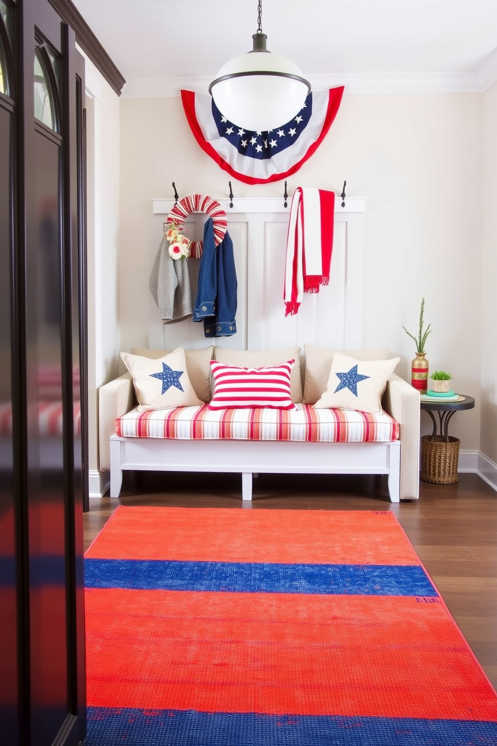 Brightly colored rugs for added comfort. A vibrant area rug in shades of blue and orange is placed in the center of the living room, complementing the neutral sofa and adding a pop of color to the space. Memorial Day mudroom decorating ideas. The mudroom features a patriotic theme with red, white, and blue accents, including a striped bench cushion and decorative throw pillows that celebrate the holiday spirit.