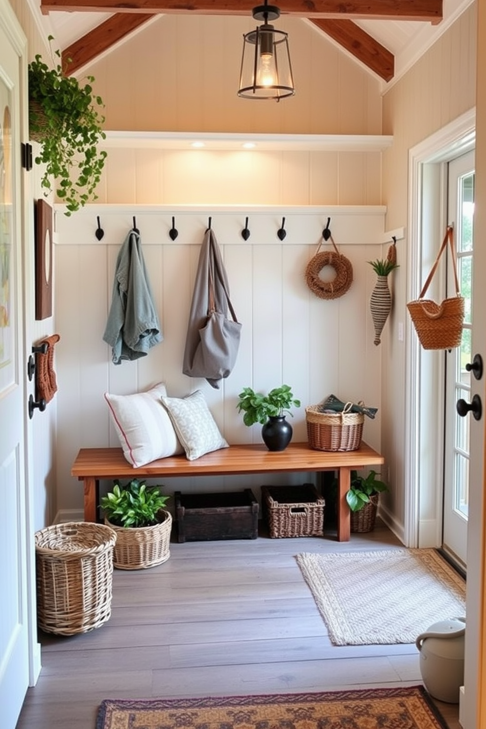 A cozy mudroom filled with summer charm. The space features a wooden bench with soft cushions and a row of hooks above for hanging jackets and bags. Accent lighting creates a warm glow, illuminating the room with a welcoming ambiance. Potted plants and decorative baskets add a touch of nature and organization to the decor.