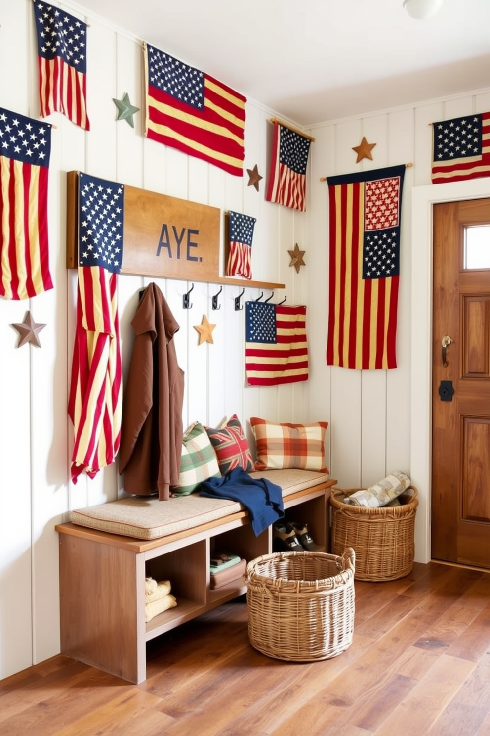 A cozy mudroom featuring vintage American flags as wall decor. The walls are adorned with several flags in various sizes, creating a patriotic atmosphere. The space includes a bench with cushioned seating and hooks for hanging jackets. A rustic wooden floor complements the decor, while a woven basket holds seasonal items.