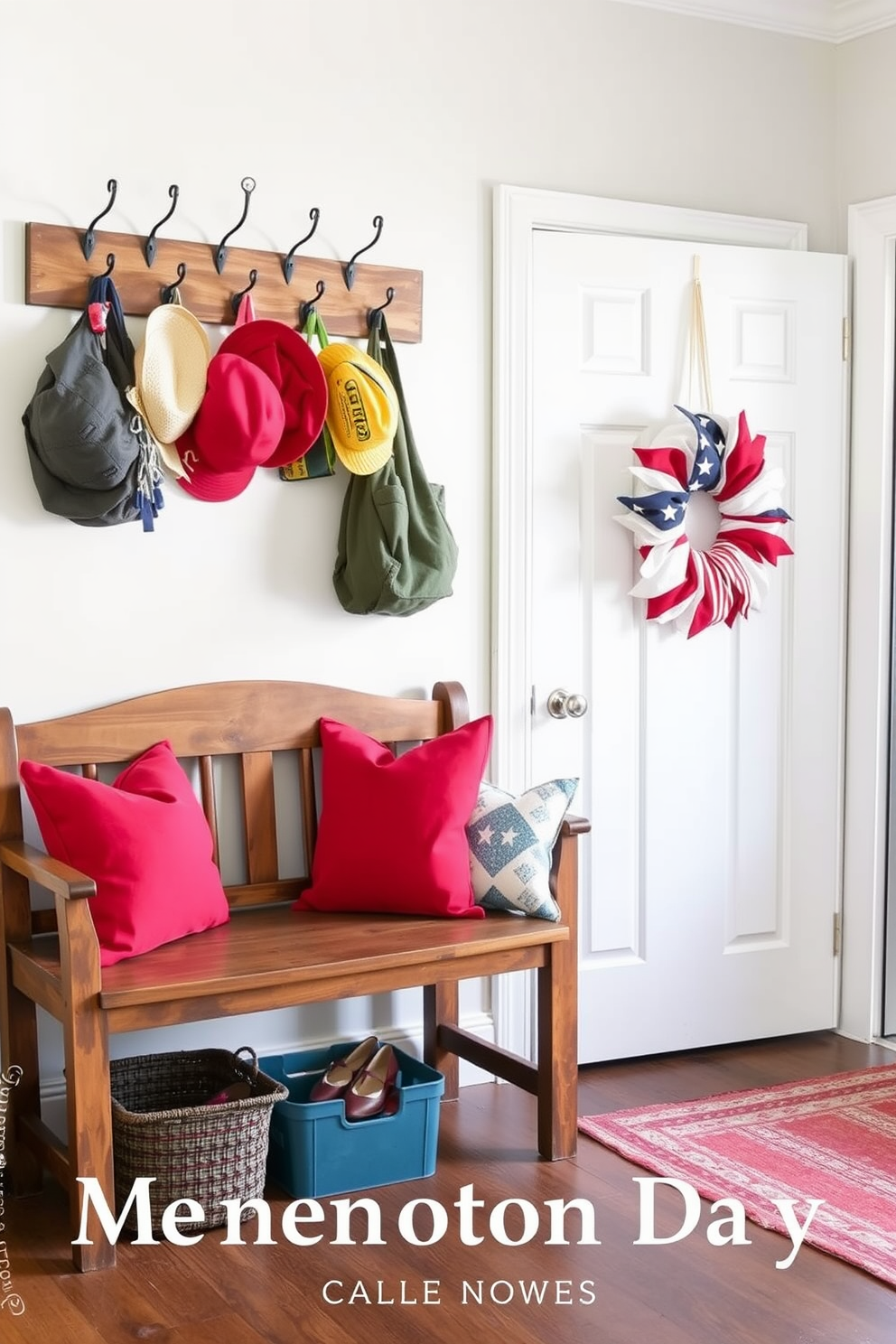 A rustic wooden bench is placed against the wall, providing a cozy seating area. Above the bench, a collection of vintage hooks holds colorful hats and bags, adding charm to the space. For Memorial Day, the mudroom is adorned with red, white, and blue accents. A decorative wreath made of stars and stripes hangs on the door, welcoming guests with a festive touch.