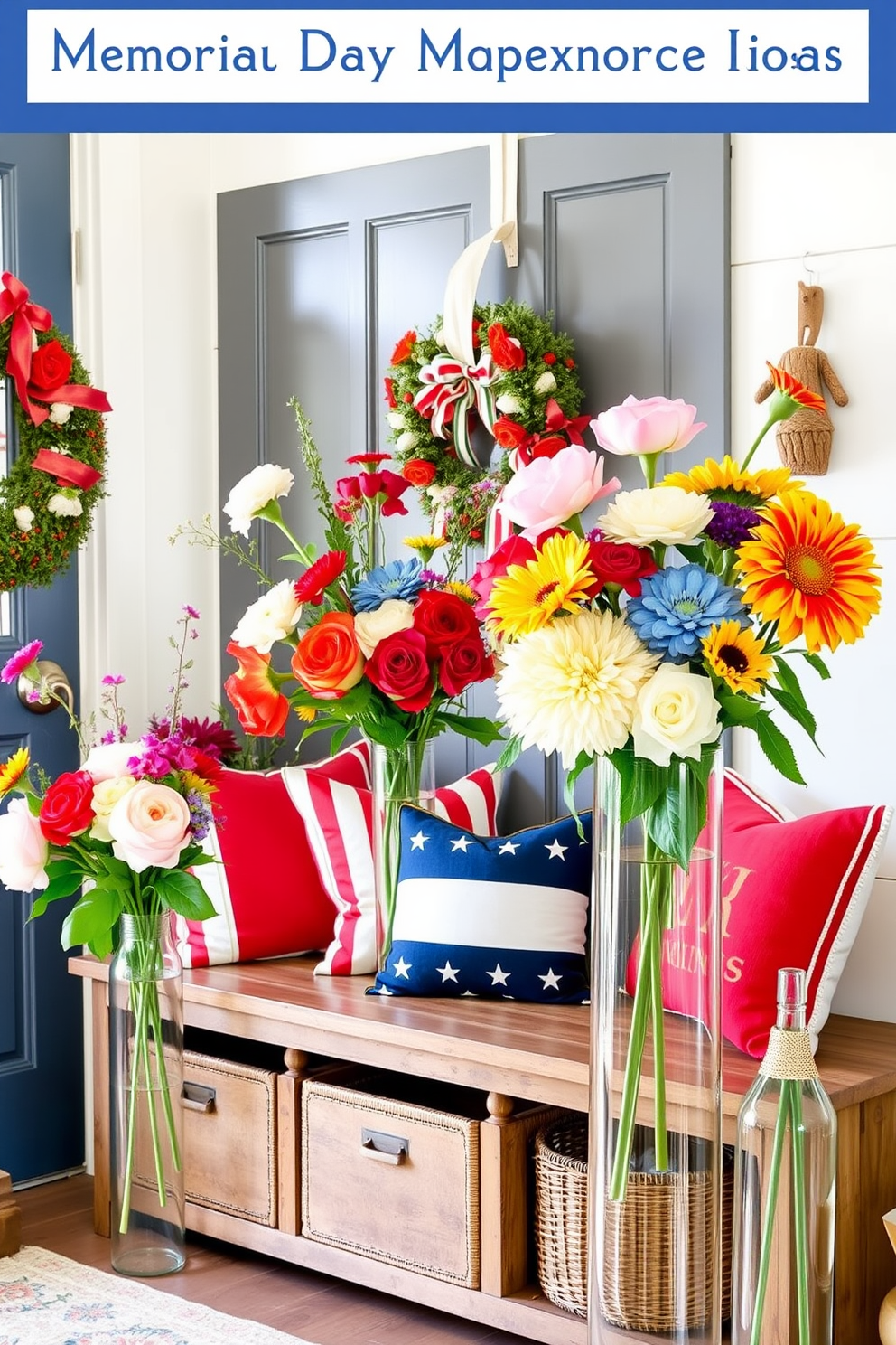 Bright floral arrangements in vases. The vases are made of clear glass and vary in height, showcasing an array of colorful blooms such as peonies, roses, and sunflowers. Memorial Day Mudroom Decorating Ideas. The mudroom features a rustic bench with storage underneath, adorned with red, white, and blue cushions, and a seasonal wreath hangs on the door.