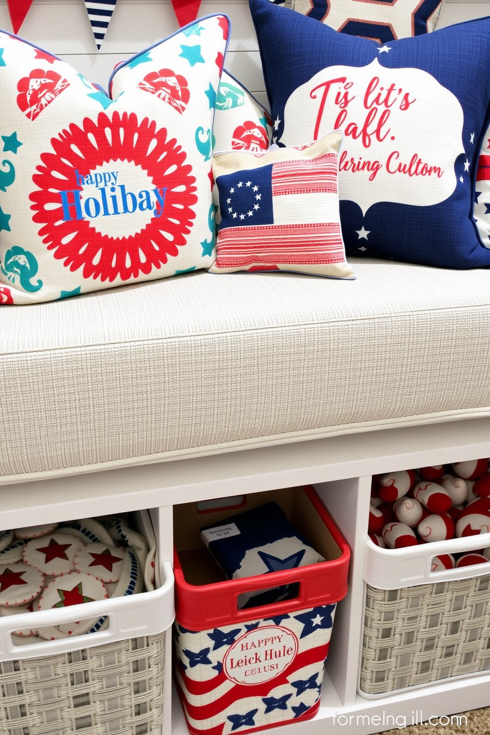 Colorful throw pillows with holiday themes. The pillows feature vibrant patterns and festive colors, adding a cheerful touch to any seating area. Memorial Day mudroom decorating ideas. Incorporate red, white, and blue accents with patriotic banners and decorative storage bins for a welcoming entryway.