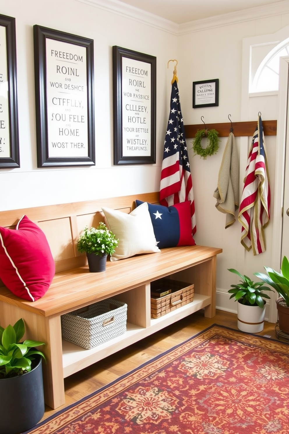 A cozy mudroom designed for Memorial Day celebrations. The space features a large wooden bench with red, white, and blue cushions, surrounded by framed quotes about freedom and unity on the walls. The floor is adorned with a durable, patterned rug that complements the patriotic theme. Decorative elements include a vintage American flag and potted plants to bring a touch of nature indoors.