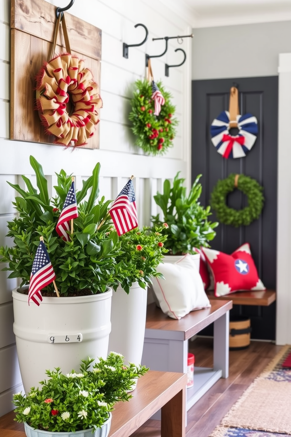 Miniature flags are placed in vibrant potted plants adding a festive touch to the decor. The mudroom features a welcoming design with a mix of rustic and modern elements. For Memorial Day, the mudroom is adorned with red white and blue accents. Decorative wreaths and themed cushions enhance the festive atmosphere while maintaining functionality.