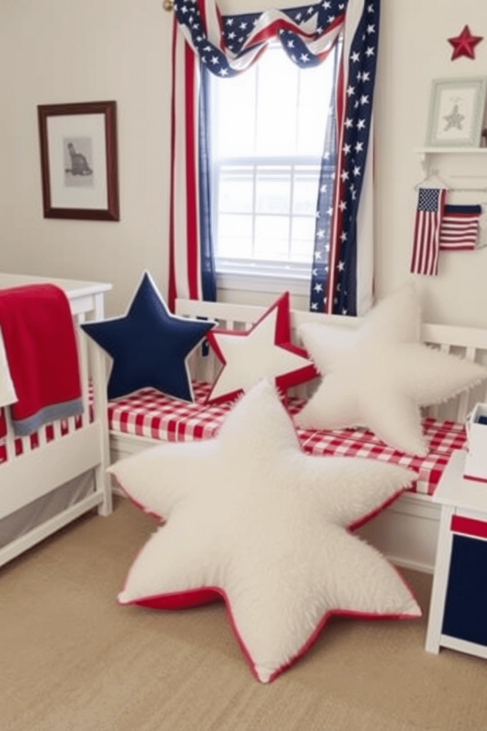 Star shaped cushions for seating. The cushions are plush and colorful, adding a playful touch to the seating area while providing comfort and support. Memorial Day nursery decorating ideas. The nursery features patriotic colors with red, white, and blue accents, creating a festive and welcoming atmosphere for the holiday.