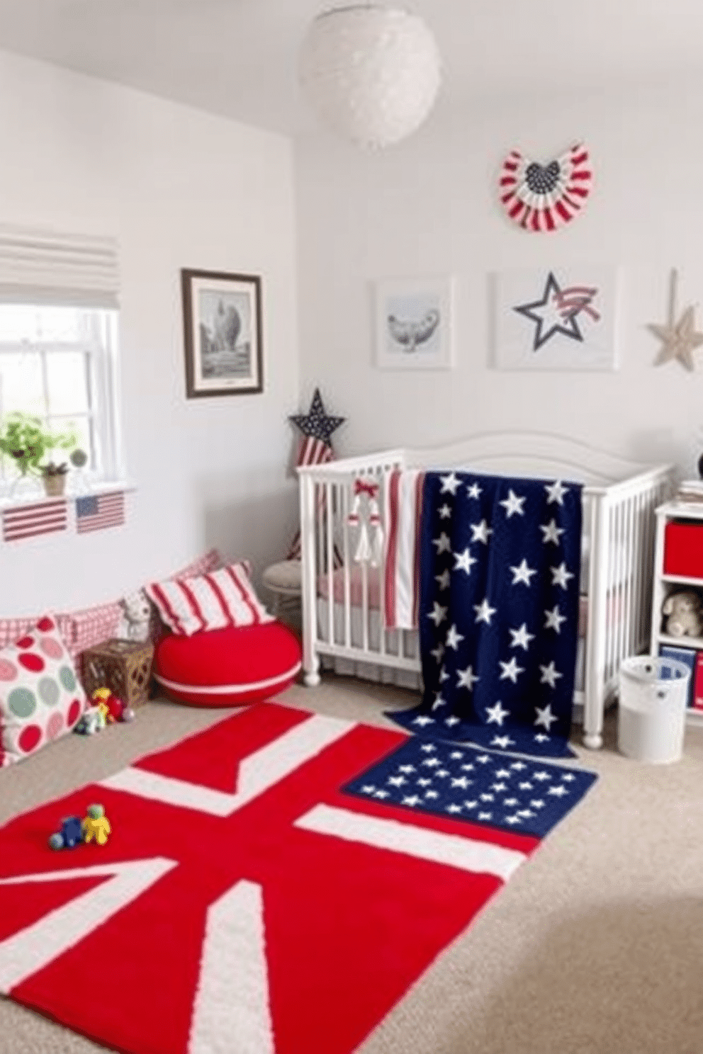 A vibrant play area featuring a flag patterned rug that adds a playful touch to the space. The rug is surrounded by colorful cushions and toys, creating an inviting atmosphere for children to play and explore. A charming nursery decorated for Memorial Day with soft red, white, and blue accents. The walls are adorned with patriotic-themed artwork, and a cozy crib is draped with a star-spangled blanket, enhancing the festive spirit.