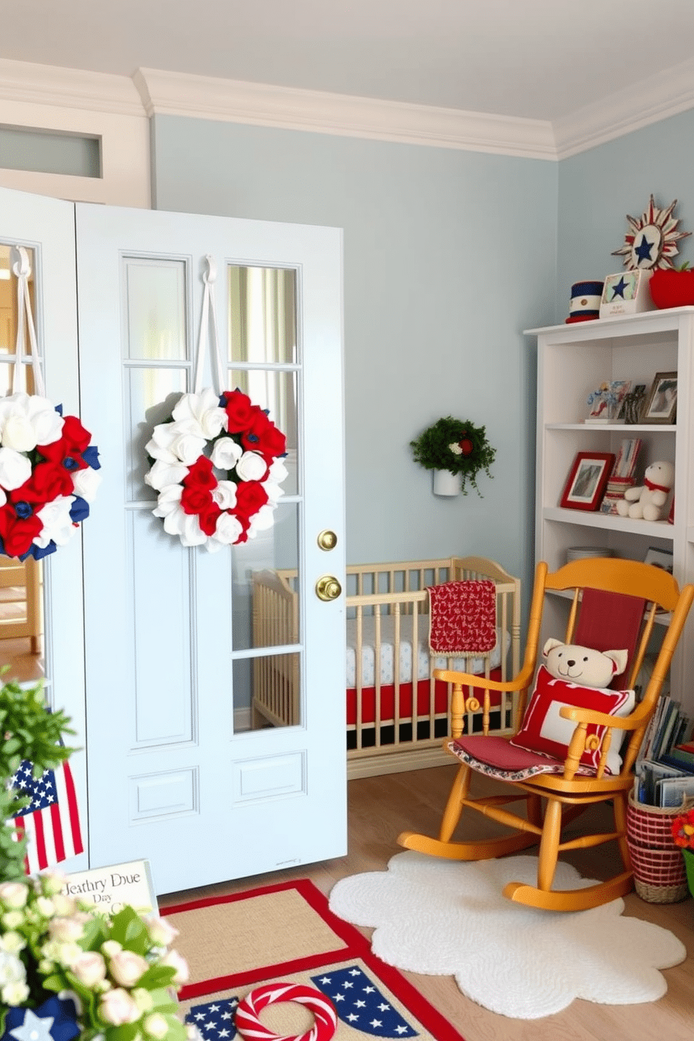 Decorative wreaths made of red white and blue flowers hang on the front door welcoming guests. Inside the nursery, soft pastel colors create a calming atmosphere with plush toys and patriotic-themed decor adorning the shelves. The walls are painted in a light blue hue, complemented by white trim and red accents. A cozy rocking chair sits in the corner, surrounded by a collection of children's books celebrating the spirit of Memorial Day.