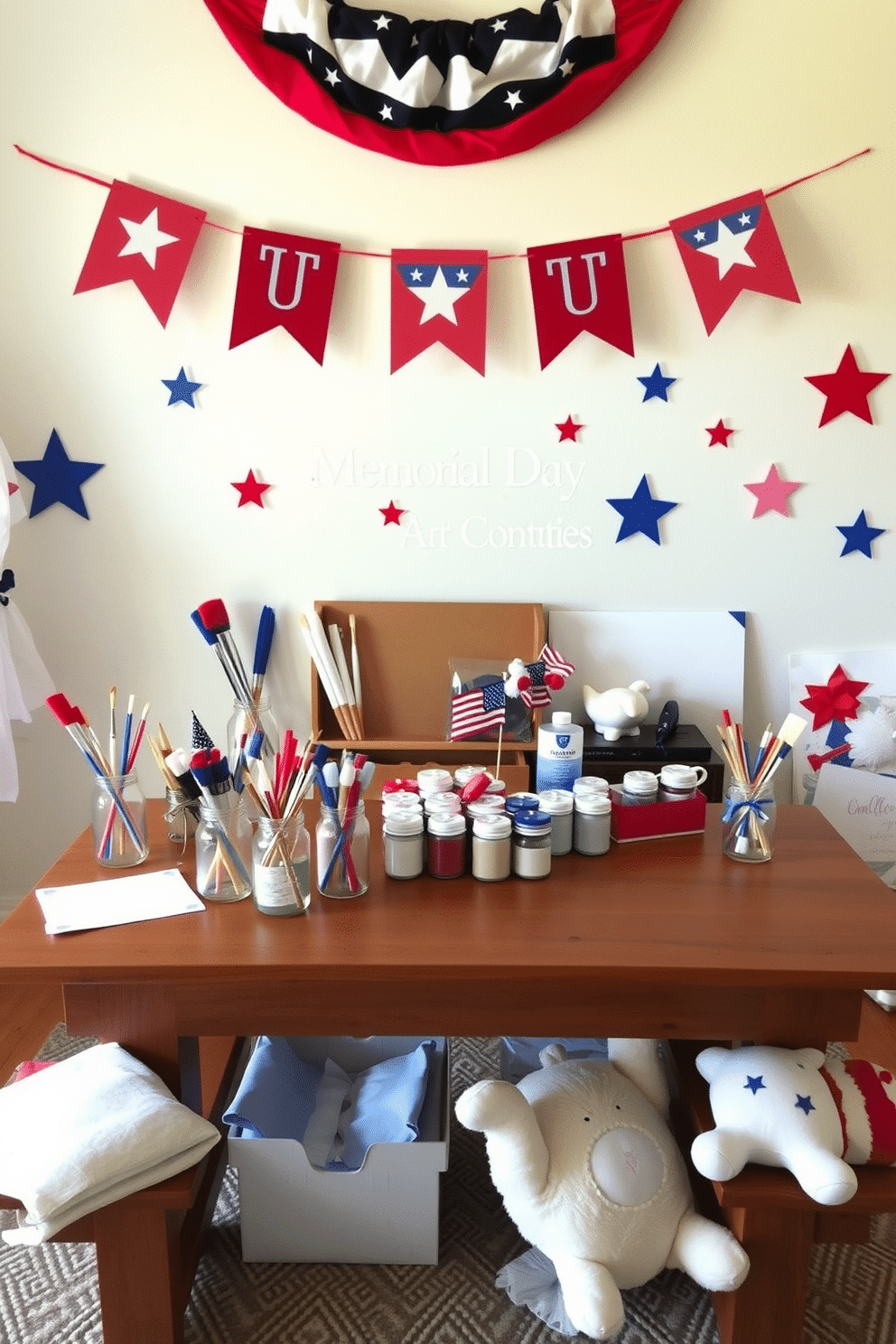 A Memorial Day themed art supplies station features a large wooden table adorned with red, white, and blue paint bottles and brushes neatly arranged in jars. Colorful paper and canvas are scattered around, while a patriotic banner hangs above, creating a festive atmosphere. For Memorial Day nursery decorating ideas, envision a soft pastel nursery with subtle red, white, and blue accents. Adorn the walls with star and stripe decals, and incorporate themed plush toys and blankets to celebrate the holiday in a gentle, child-friendly way.