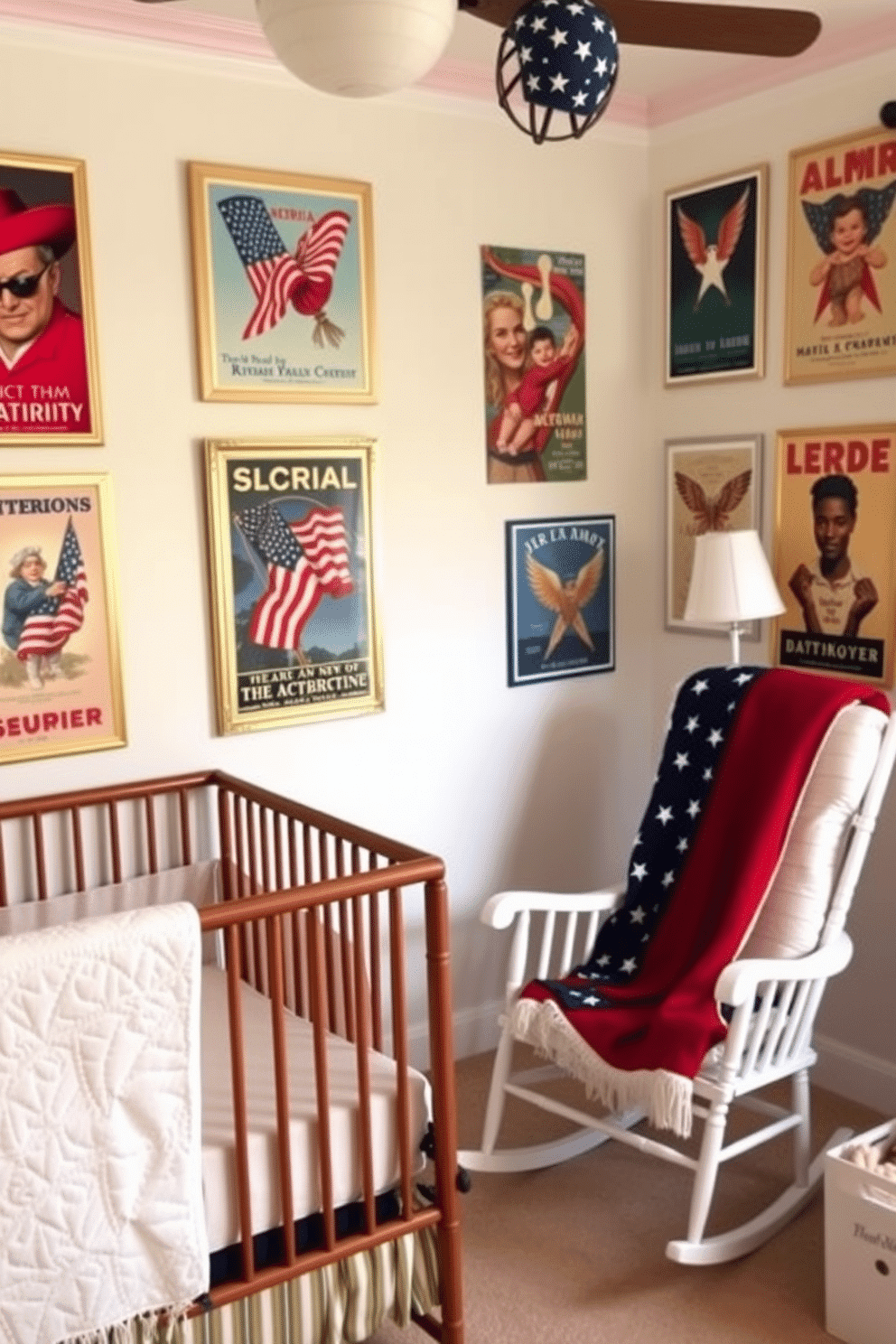 A charming nursery filled with vintage patriotic posters adorning the walls. The room features a cozy crib with a soft white quilt, and a rocking chair sits in the corner, draped with a red and blue throw blanket.