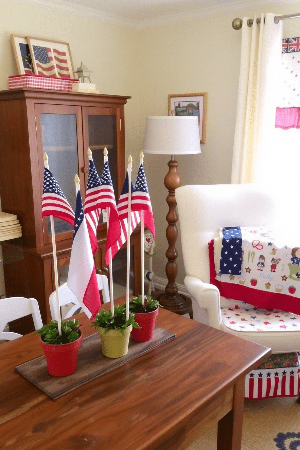 Create a charming display of tabletop flags for decoration. The flags are arranged in varying heights, featuring red, white, and blue colors, and are placed in decorative pots on a rustic wooden table. Design a cozy nursery with a Memorial Day theme. The room features soft pastel colors, patriotic accents, and a comfortable rocking chair next to a crib adorned with themed bedding.