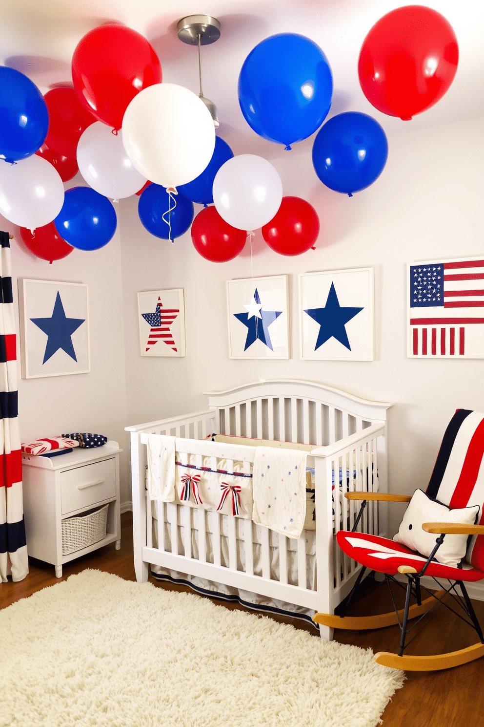 A cheerful nursery decorated for Memorial Day features red, white, and blue balloons floating above. The walls are adorned with themed artwork showcasing stars and stripes, creating a festive atmosphere. Soft pastel furniture complements the vibrant colors, with a cozy rocking chair in the corner. A plush area rug adds comfort, while a mobile of stars hangs above the crib.