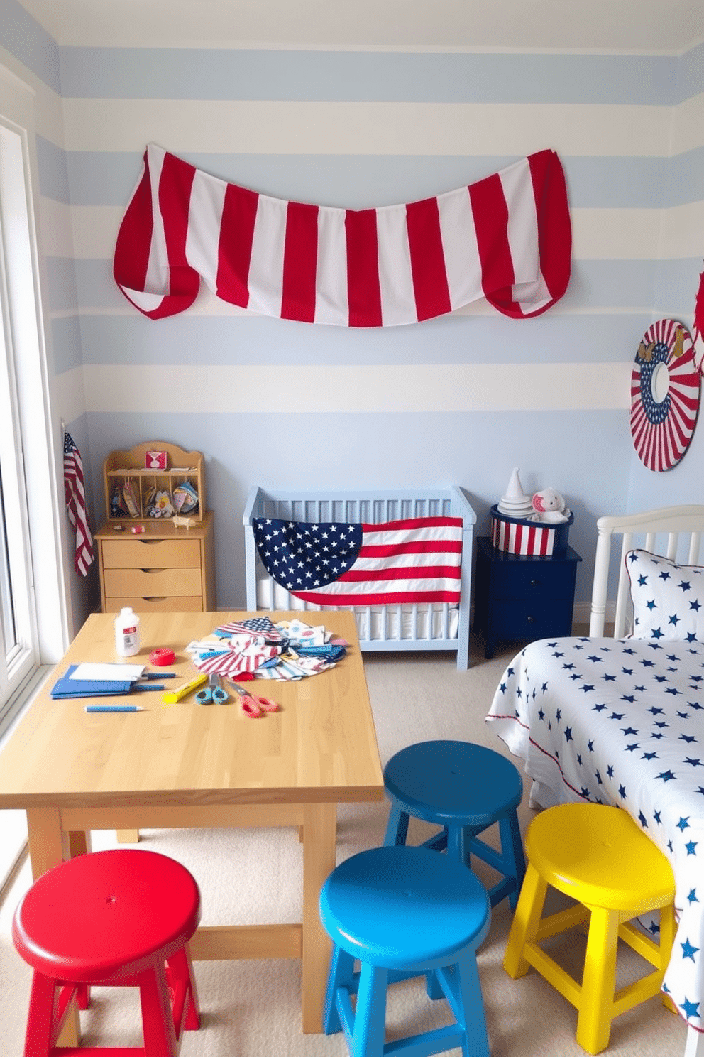 A bright and inviting craft station designed for flag making activities. The space features a large wooden table covered with colorful fabrics, scissors, and glue, surrounded by cheerful stools in primary colors. A whimsical nursery decorated for Memorial Day. The walls are adorned with soft blue and white stripes, and the bedding showcases playful patterns of stars and stripes, creating a cozy and festive atmosphere.