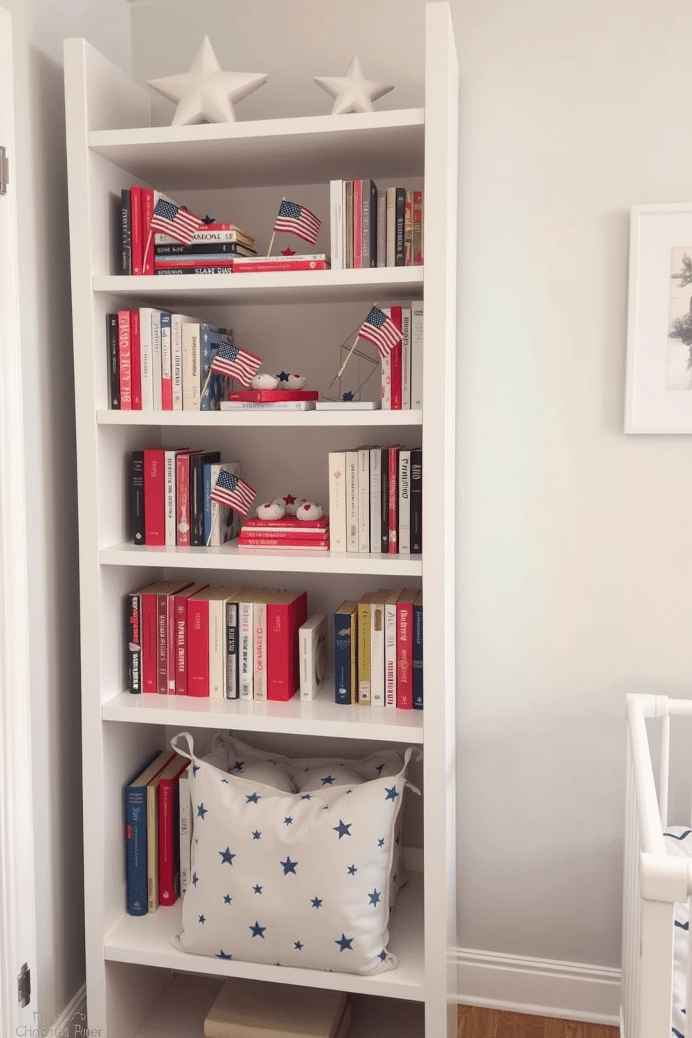 A patriotic themed bookshelf is adorned with red white and blue accents. Small flags and stars are interspersed among books creating a festive and proud display. For a Memorial Day nursery the decor features soft pastels with subtle patriotic motifs. Gentle star and stripe patterns are incorporated into bedding and wall art to honor the holiday while maintaining a soothing atmosphere.