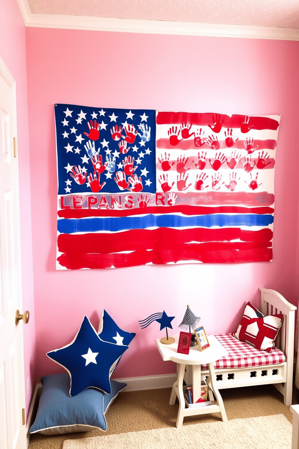 A vibrant nursery featuring handprint American flag wall art as the focal point. The walls are painted in soft pastel colors, creating a warm and inviting atmosphere for children. Incorporate playful elements such as star-shaped cushions and a cozy reading nook. A small table with red, white, and blue decor accents completes the Memorial Day theme, celebrating patriotism in a child-friendly way.