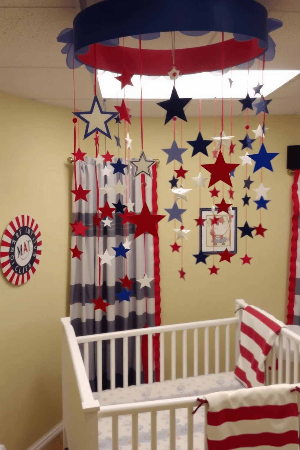 A cheerful nursery space decorated for Memorial Day. Red white and blue mobiles hang gracefully from the ceiling, creating a festive atmosphere.