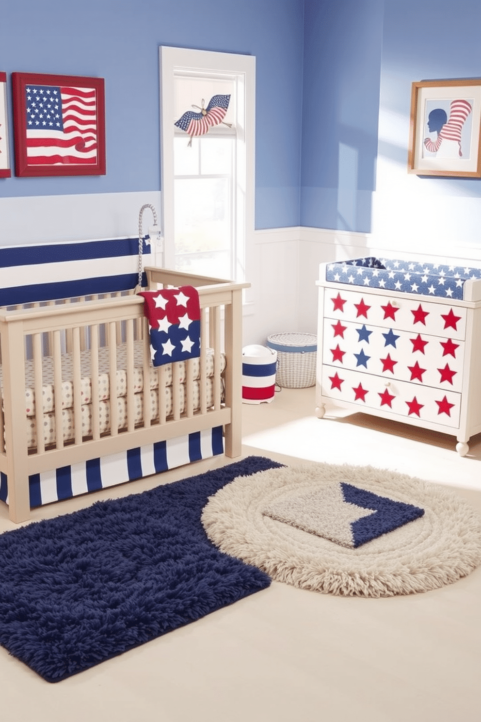 A cheerful nursery setting featuring furniture pieces painted in stars and stripes. The crib has a bold blue and white striped pattern, while the changing table showcases alternating red and white stars against a light background. Soft, plush rugs in coordinating colors are scattered across the floor, adding warmth and comfort. Brightly colored wall art depicting patriotic themes adorns the walls, creating a festive atmosphere perfect for celebrating Memorial Day.