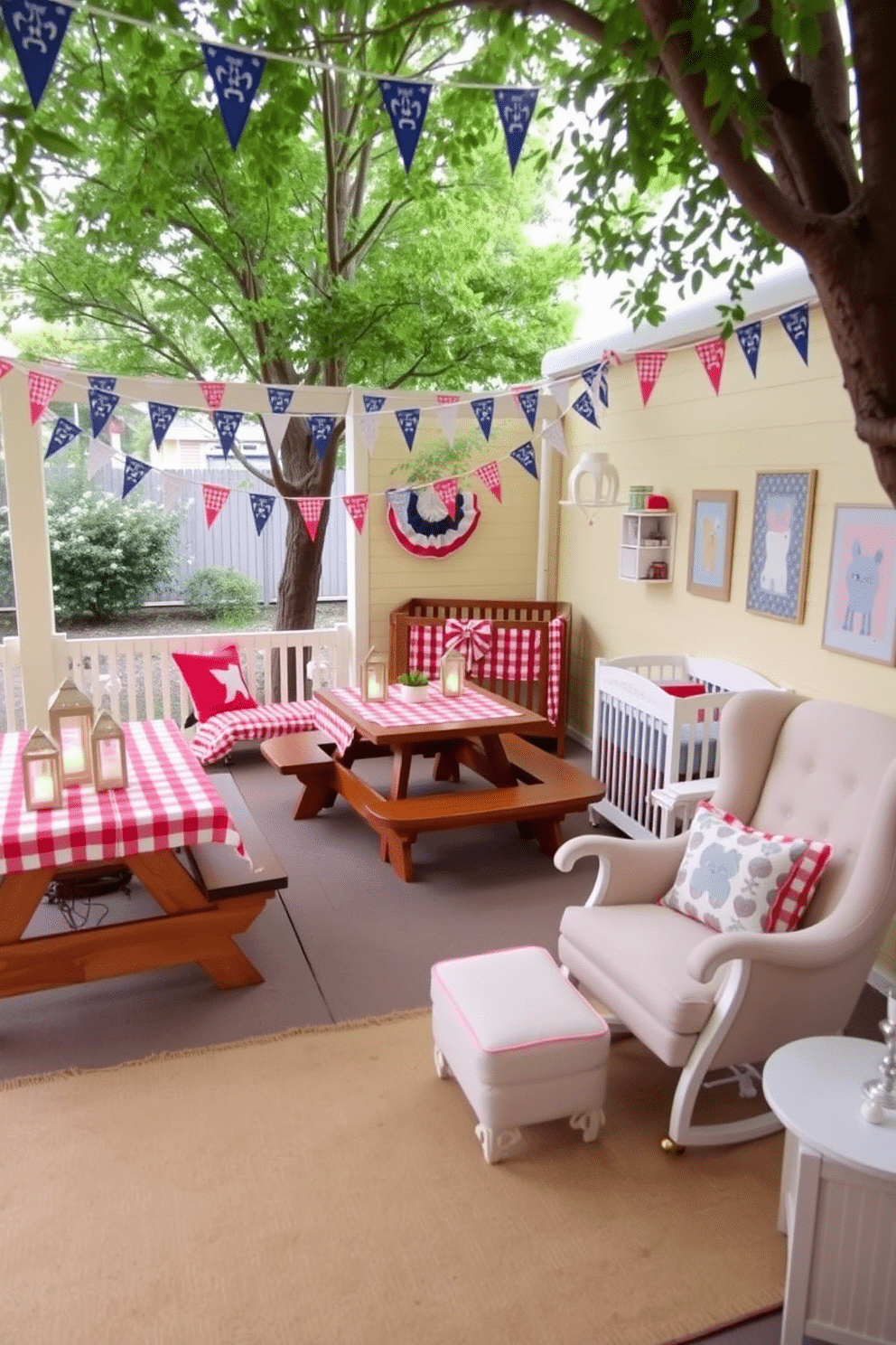 An inviting outdoor picnic area adorned with patriotic decor. Red and white checkered tablecloths cover wooden picnic tables, while blue and white bunting hangs from nearby trees. The space features a large wooden picnic table surrounded by comfortable benches. Lanterns with soft lighting are placed on the tables, and a variety of red, white, and blue cushions add a festive touch. A cozy nursery designed with soft pastel colors and gentle patterns. The walls are painted in a light pastel yellow, complemented by whimsical animal-themed wall art. A plush rocking chair sits in one corner, paired with a small side table for nighttime essentials. A crib with a delicate mobile hangs above, and a soft area rug provides a warm play space for the baby.