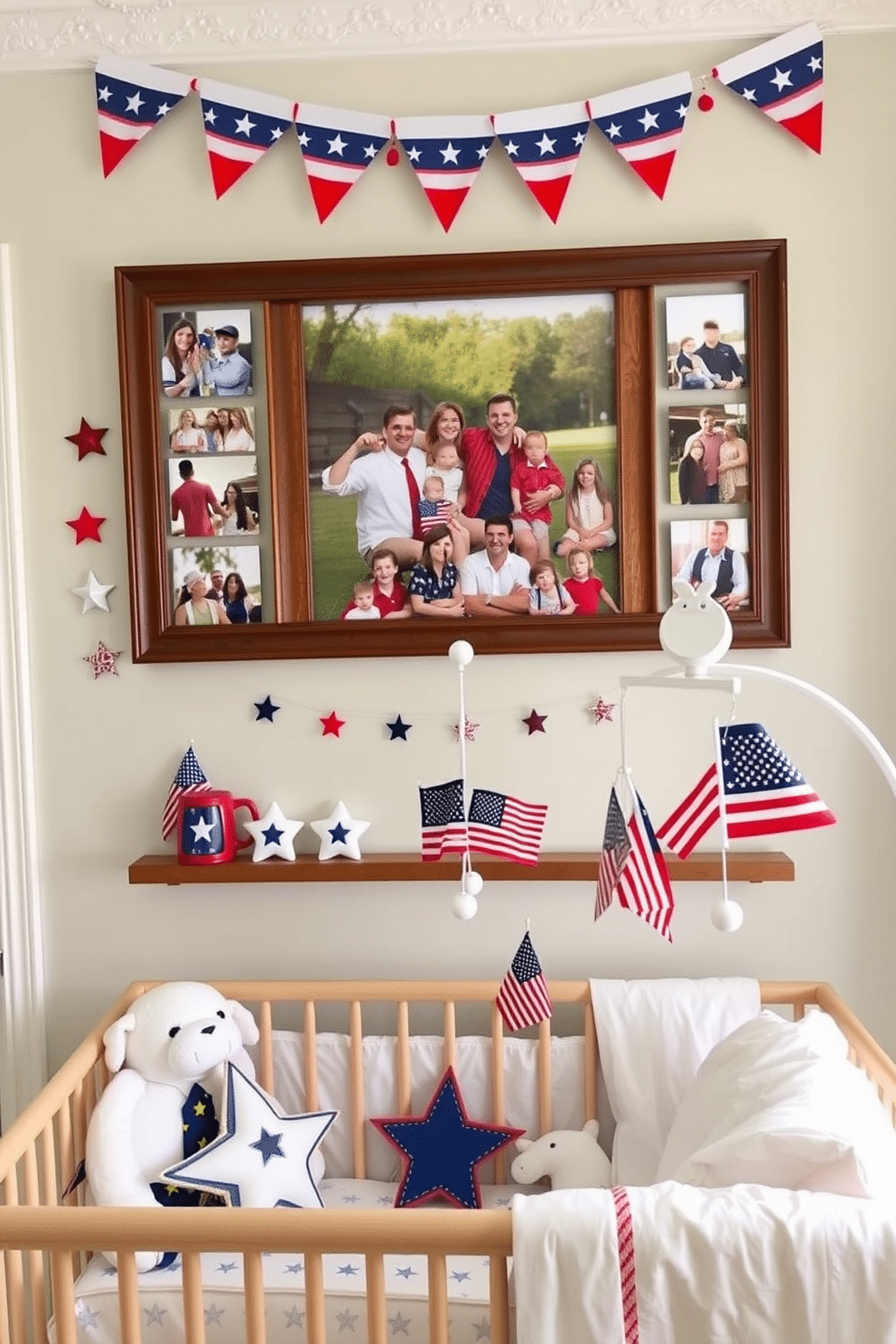 A Memorial Day themed family photo wall featuring a large wooden frame with a collage of family pictures celebrating past Memorial Days. The wall is adorned with red white and blue decorations including stars and stripes bunting and small American flags. Memorial Day nursery decorating ideas include soft pastel colors with subtle patriotic accents. A cozy crib is surrounded by plush toys in the shape of stars and stripes along with a mobile featuring miniature flags.