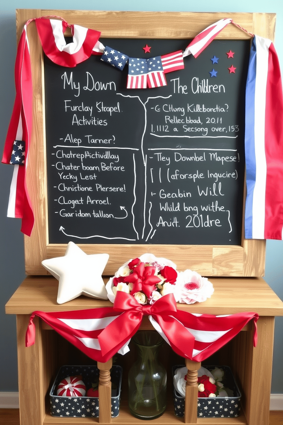 A patriotic themed chalkboard for activities features red white and blue colors with stars and stripes accents. The chalkboard is framed in rustic wood and includes sections for writing down activities and events for children. Memorial Day nursery decorating ideas include soft pastel colors with subtle hints of red white and blue. Decor elements may feature stars and stripes patterns along with floral arrangements that evoke a sense of remembrance and celebration.