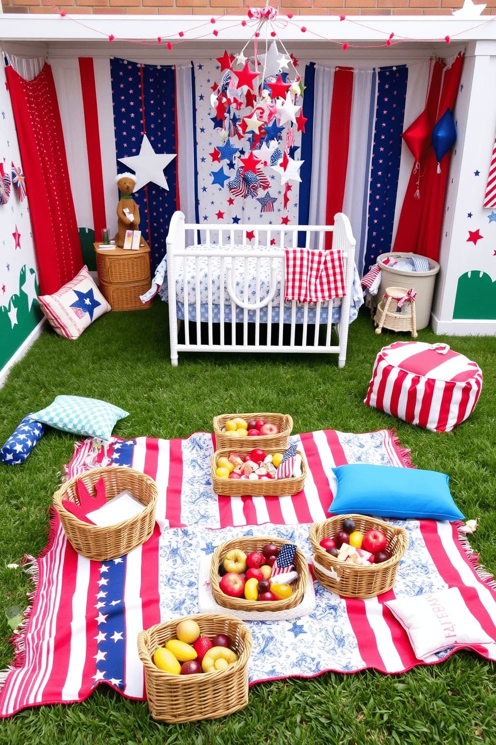 A vibrant picnic setting with colorful blankets spread across the grass, featuring a mix of patterns and hues. Surrounding the blankets are wicker baskets filled with fresh fruits and snacks, complemented by cheerful cushions for added comfort. A whimsical nursery designed for Memorial Day, incorporating red, white, and blue accents throughout the room. The walls are adorned with playful star and stripe patterns, while a cozy crib sits beneath a mobile of patriotic-themed decorations.