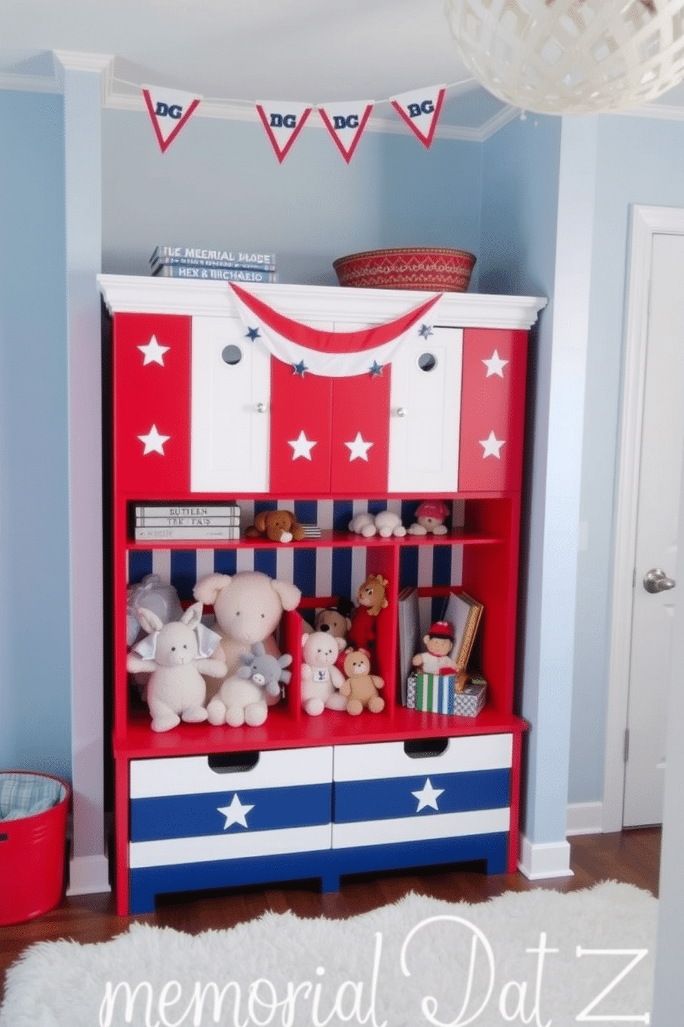 A vibrant nursery designed with a red, white, and blue color scheme. The room features a spacious toy storage unit painted in bright red, adorned with white stars and blue stripes, creating a playful yet patriotic atmosphere. Soft blue walls provide a calming backdrop, while a cozy white rug lies on the floor. Plush toys and books are neatly organized in the storage unit, and a festive banner with stars and stripes hangs above, celebrating the spirit of Memorial Day.