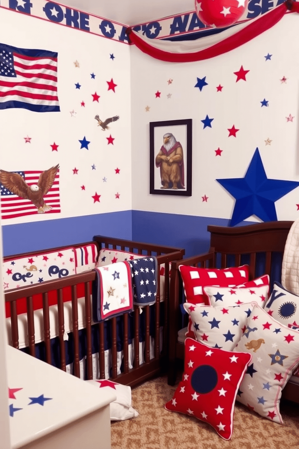 A patriotic themed nursery features wall murals depicting flags and stars in vibrant colors. The decor includes stickers of eagles and red, white, and blue accents throughout the room. For Memorial Day, the nursery is adorned with soft bedding in star patterns and themed wall art. A cozy reading nook is created with cushions in patriotic colors, inviting family gatherings and celebrations.