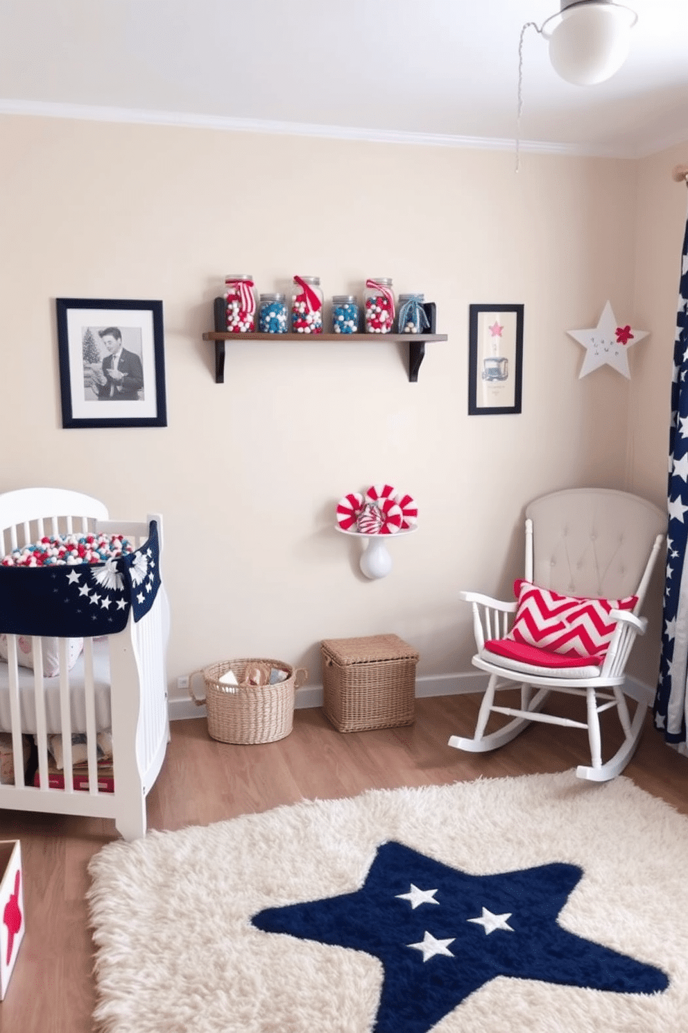 A charming nursery decorated for Memorial Day. The room features decorative jars filled with red, white, and blue candies placed on a wooden shelf, adding a festive touch. Soft, pastel-colored walls create a warm atmosphere, while a cozy rocking chair sits in the corner. A plush area rug with stars and stripes complements the patriotic theme, inviting comfort and playfulness.